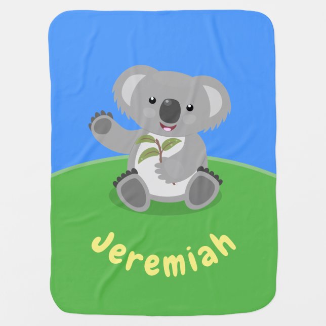 Cute happy koala waving cartoon illustration baby blanket (Front)