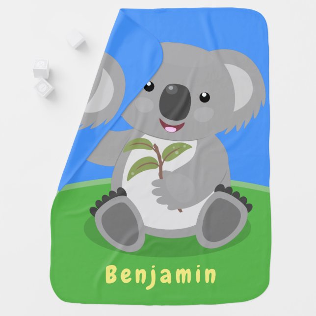 Cute happy koala waving cartoon illustration baby blanket (In Situ)