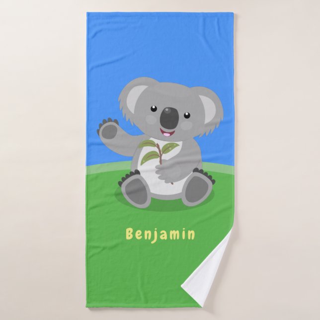 Cute happy koala waving cartoon illustration bath towel set (Bath Towel)