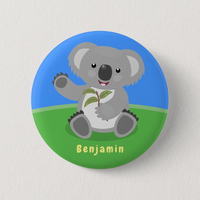 Cute happy koala waving cartoon illustration button (Front)