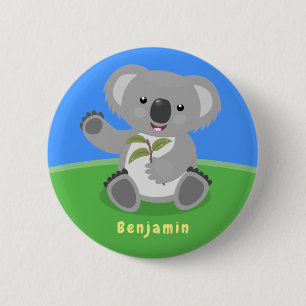 Cute happy koala waving cartoon illustration button