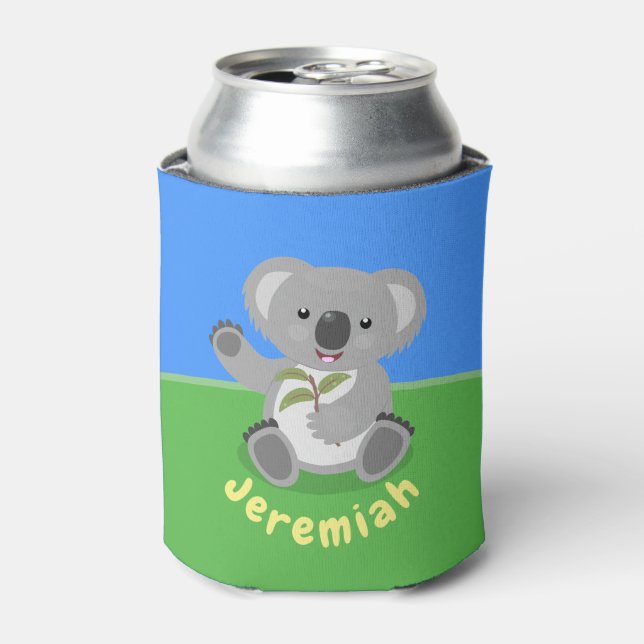 Cute happy koala waving cartoon illustration can cooler (Can Front)
