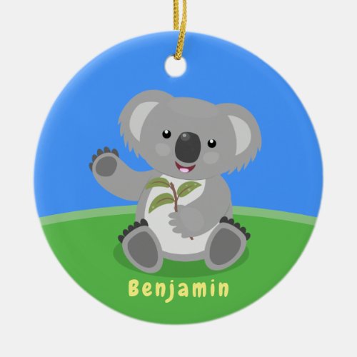 Cute happy koala waving cartoon illustration ceramic ornament