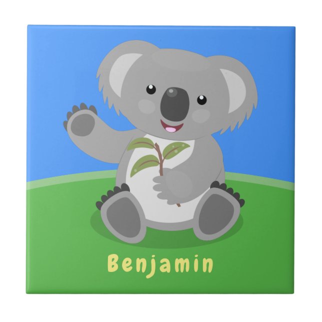 Cute happy koala waving cartoon illustration ceramic tile (Front)