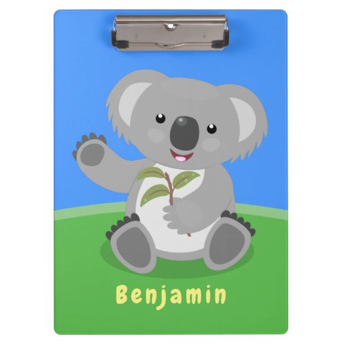 Cute happy koala waving cartoon illustration clipboard