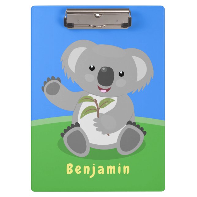 Cute happy koala waving cartoon illustration clipboard (Front)