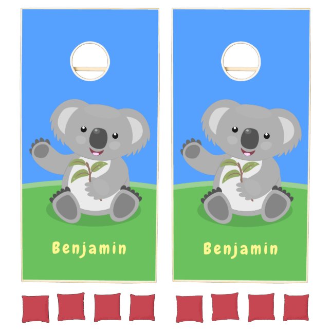 Cute happy koala waving cartoon illustration cornhole set (Set)