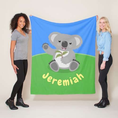 Cute happy koala waving cartoon illustration fleece blanket