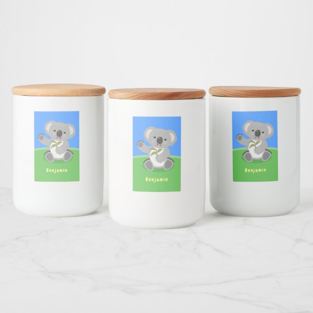 Cute happy koala waving cartoon illustration food label (Bottles)