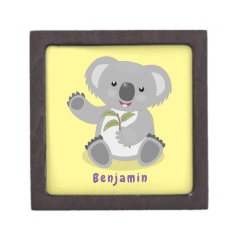 Cute happy koala waving cartoon illustration gift box