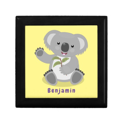 Cute happy koala waving cartoon illustration gift box