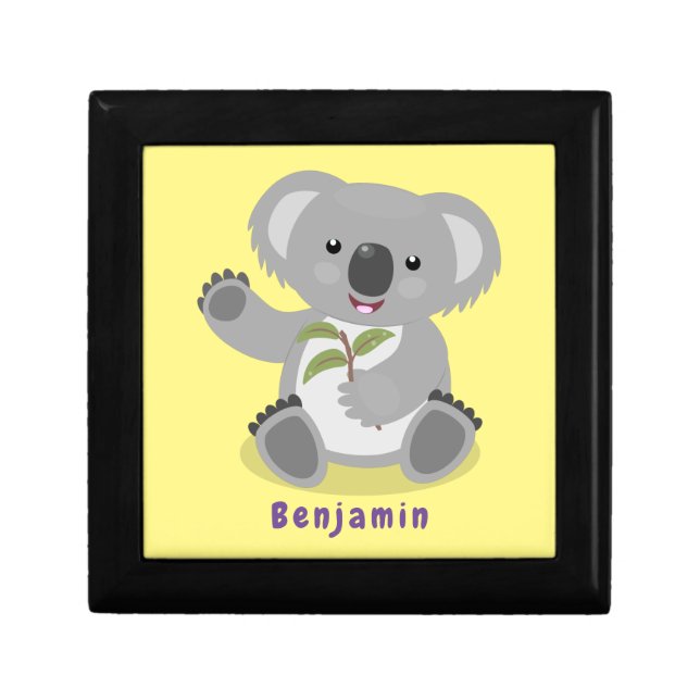 Cute happy koala waving cartoon illustration gift box (Front)