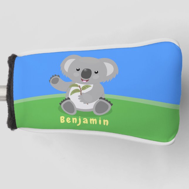 Cute happy koala waving cartoon illustration golf head cover (Front)