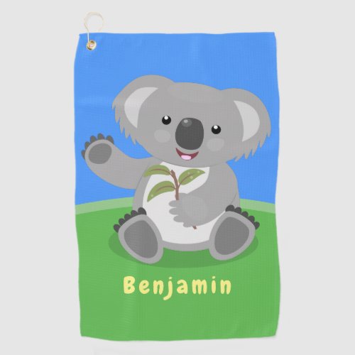 Cute happy koala waving cartoon illustration golf towel