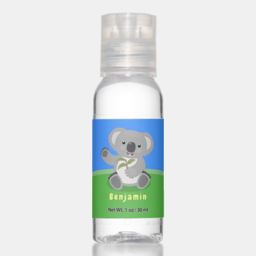 Cute happy koala waving cartoon illustration hand sanitizer