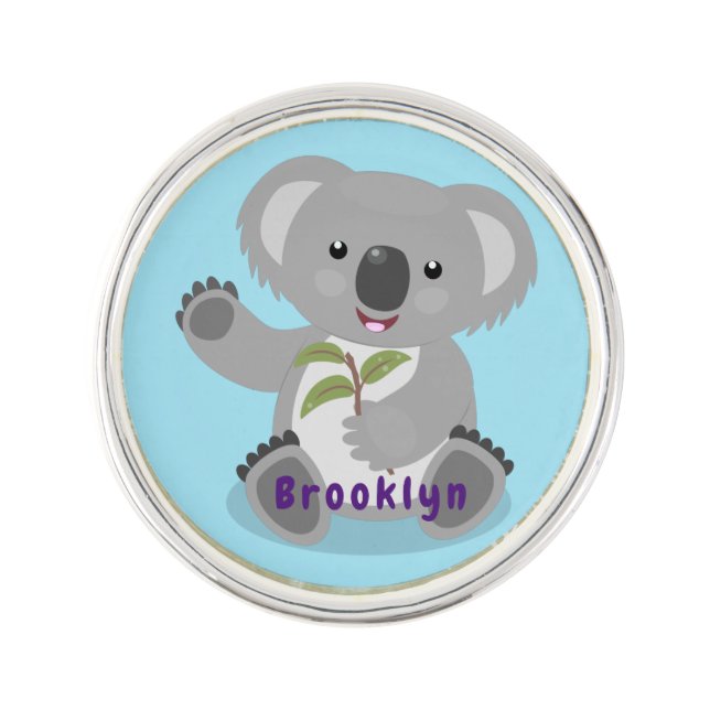 Cute happy koala waving cartoon illustration lapel pin (Front)