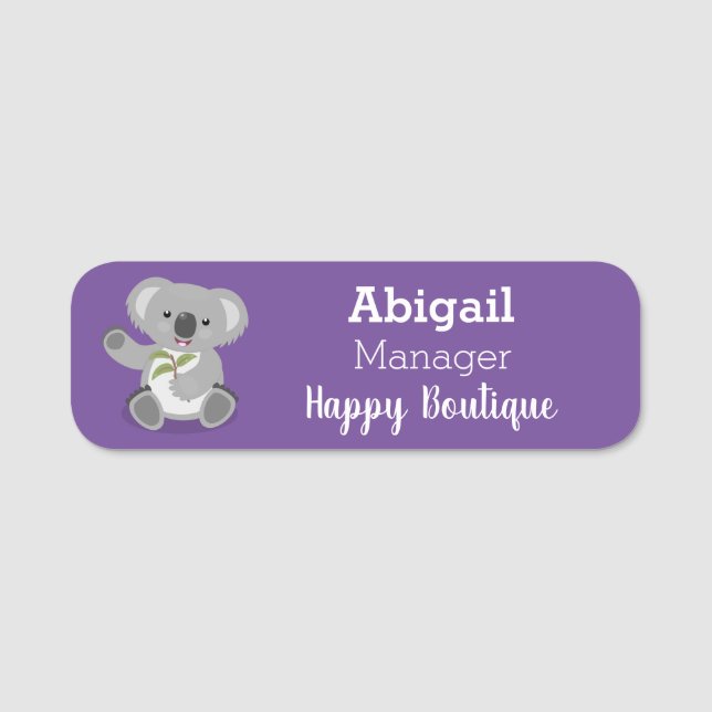 Cute happy koala waving cartoon illustration name tag (Front)