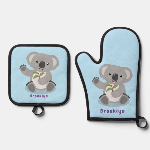 Cute happy koala waving cartoon illustration oven mitt  pot holder set