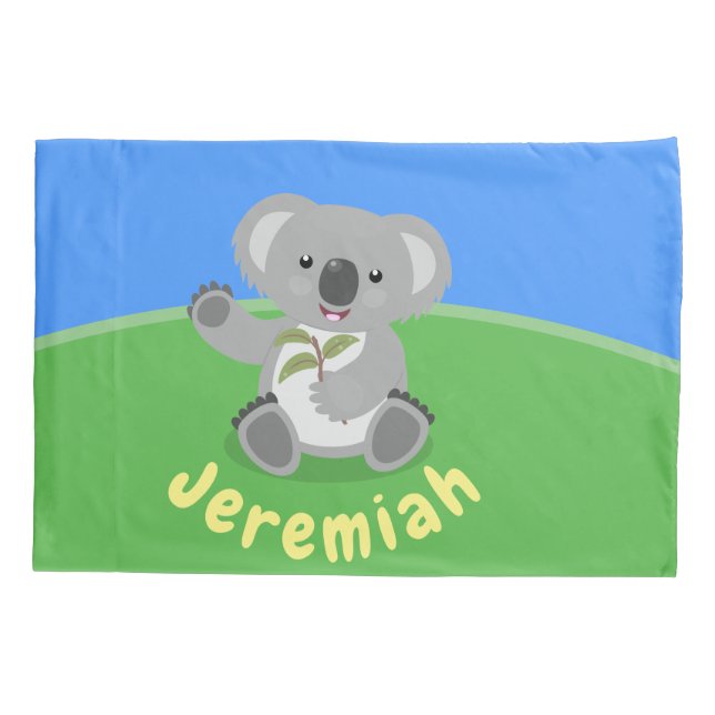 Cute happy koala waving cartoon illustration pillow case (Back)