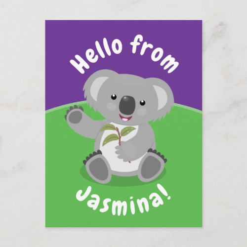 Cute happy koala waving cartoon illustration postcard