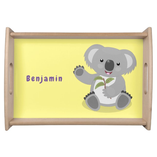 Cute happy koala waving cartoon illustration serving tray (Front)