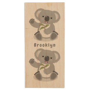 Cute happy koala waving cartoon illustration wood flash drive