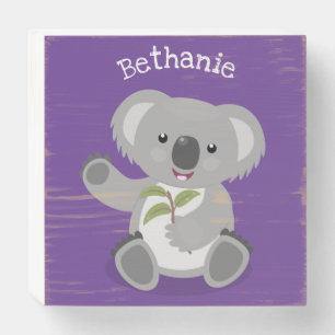 Cute happy koala waving cartoon illustration wooden box sign