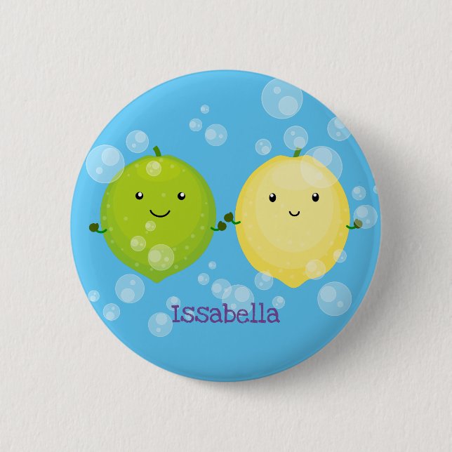 Cute happy lemon lime cartoon illustration button (Front)