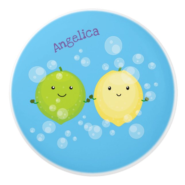 Cute happy lemon lime cartoon illustration ceramic knob (Front)