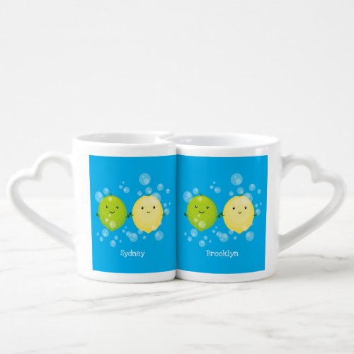 Cute happy lemon lime cartoon illustration coffee mug set