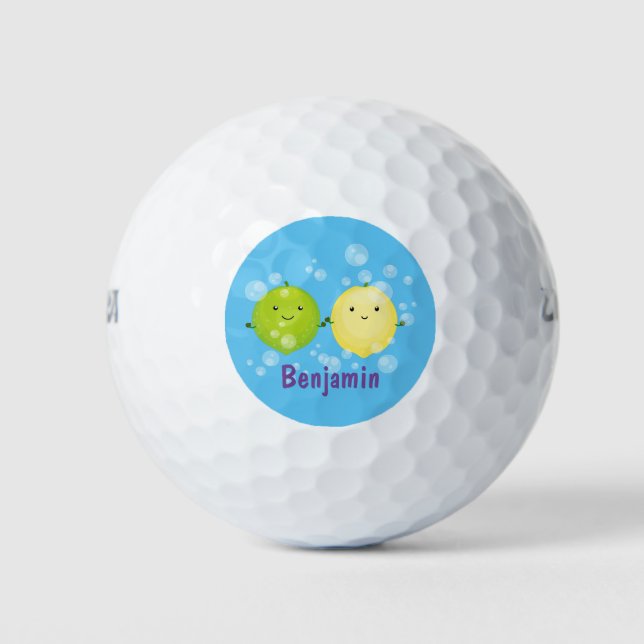 Cute happy lemon lime cartoon illustration golf balls (Front)