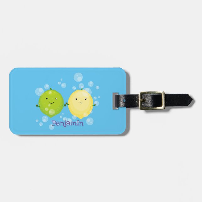 Cute happy lemon lime cartoon illustration luggage tag (Front Horizontal)