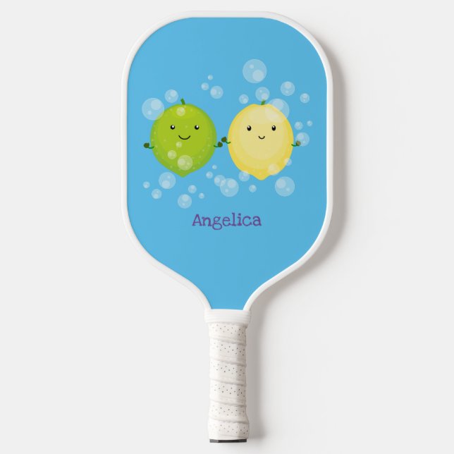 Cute happy lemon lime cartoon illustration pickleball paddle (Front)