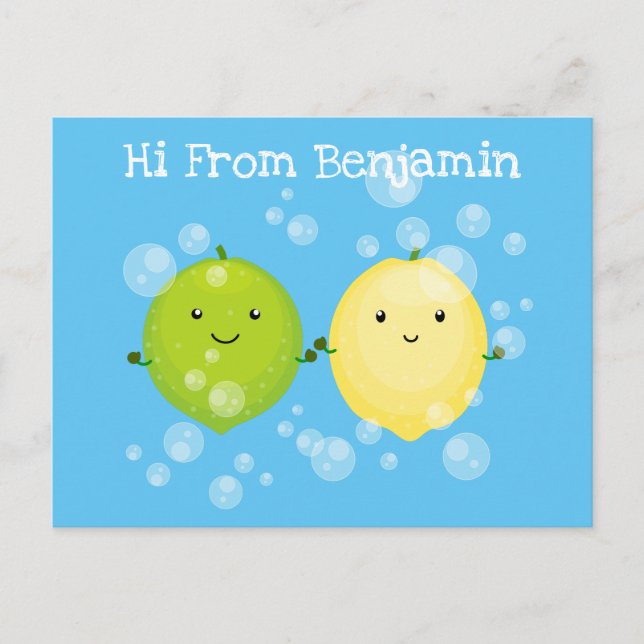 Cute happy lemon lime cartoon illustration postcard (Front)