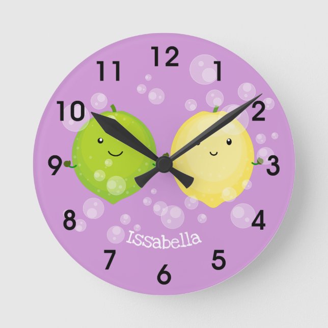 Cute happy lemon lime cartoon illustration round clock (Front)