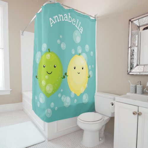 Cute happy lemon lime cartoon illustration shower curtain