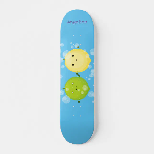 Cute happy lemon lime cartoon illustration skateboard | Zazzle