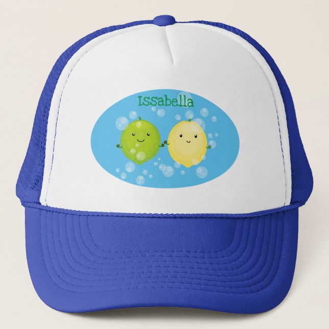 Cute happy lemon lime cartoon illustration trucker hat (Front)