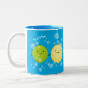 Cute happy lemon lime cartoon illustration Two-Tone coffee mug
