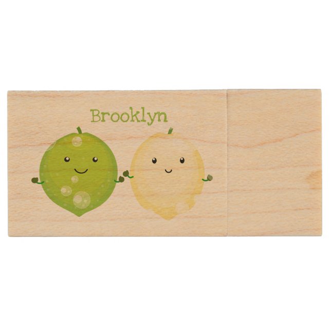 Cute happy lemon lime cartoon illustration wood flash drive (Front)
