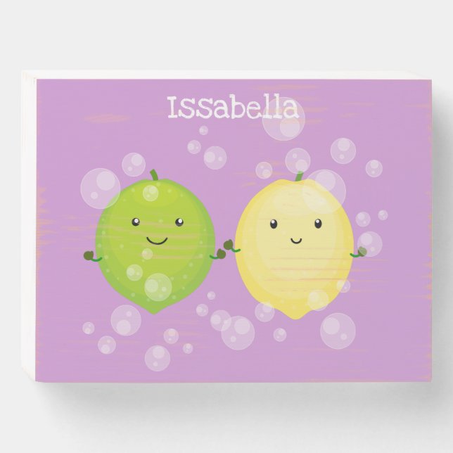 Cute happy lemon lime cartoon illustration wooden box sign (Front Horizontal)