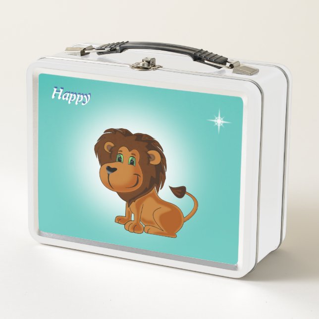 Cute happy lion and star on light teal blue metal lunch box (Front)