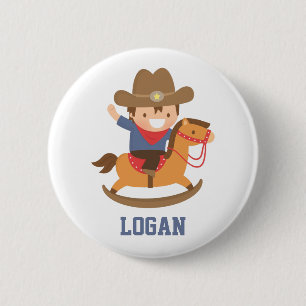 Cute Happy Little Cowboy on Rocking Horse Button