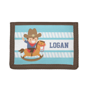 Cute Happy Little Cowboy on Rocking Horse Trifold Wallet