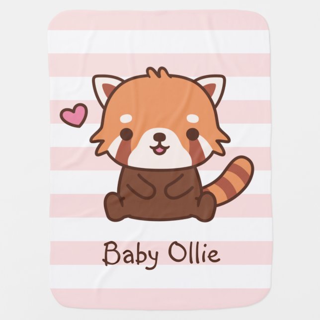 Cute Happy Little Red Panda Personalized Baby Blanket (Front)