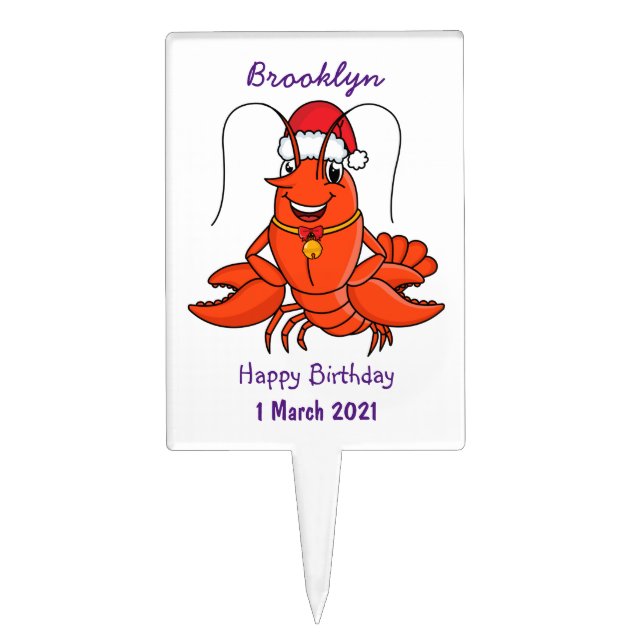 Cute happy lobster wearing Christmas hat cartoon Cake Topper (Front)