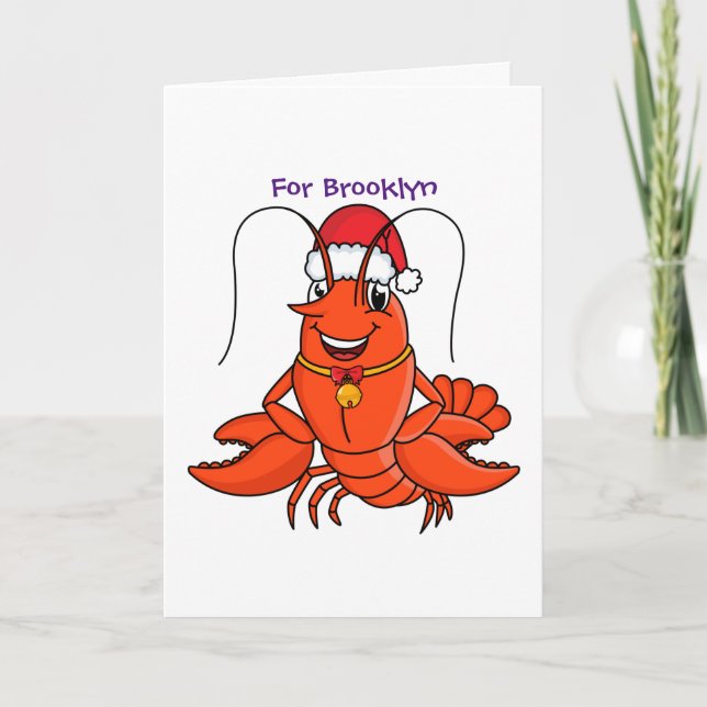Cute happy lobster wearing Christmas hat cartoon Card (Front)