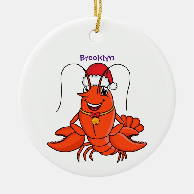 Cute happy lobster wearing Christmas hat cartoon Ceramic Ornament (Front)