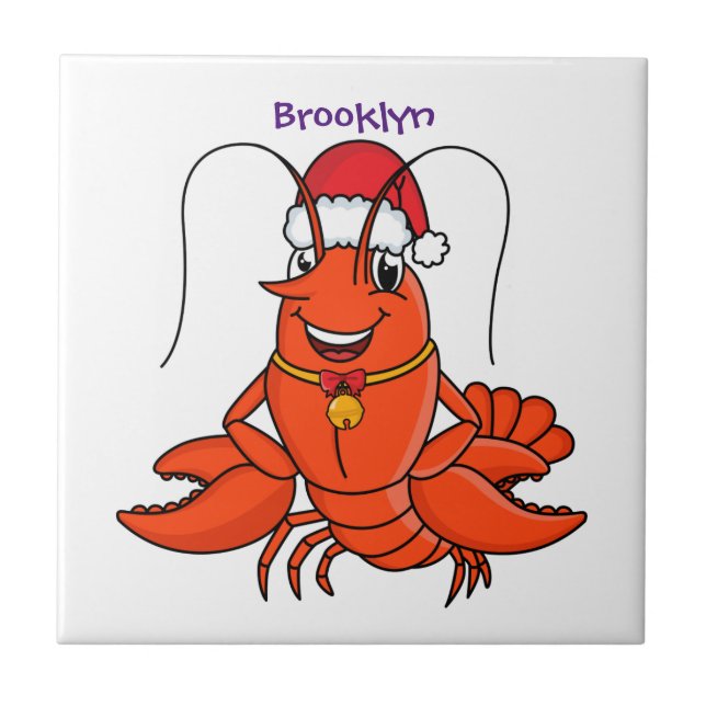 Cute happy lobster wearing Christmas hat cartoon Ceramic Tile (Front)