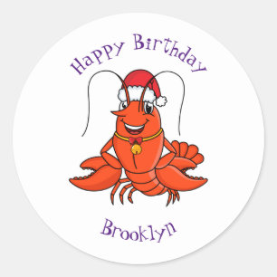 Cute happy lobster wearing Christmas hat cartoon Classic Round Sticker